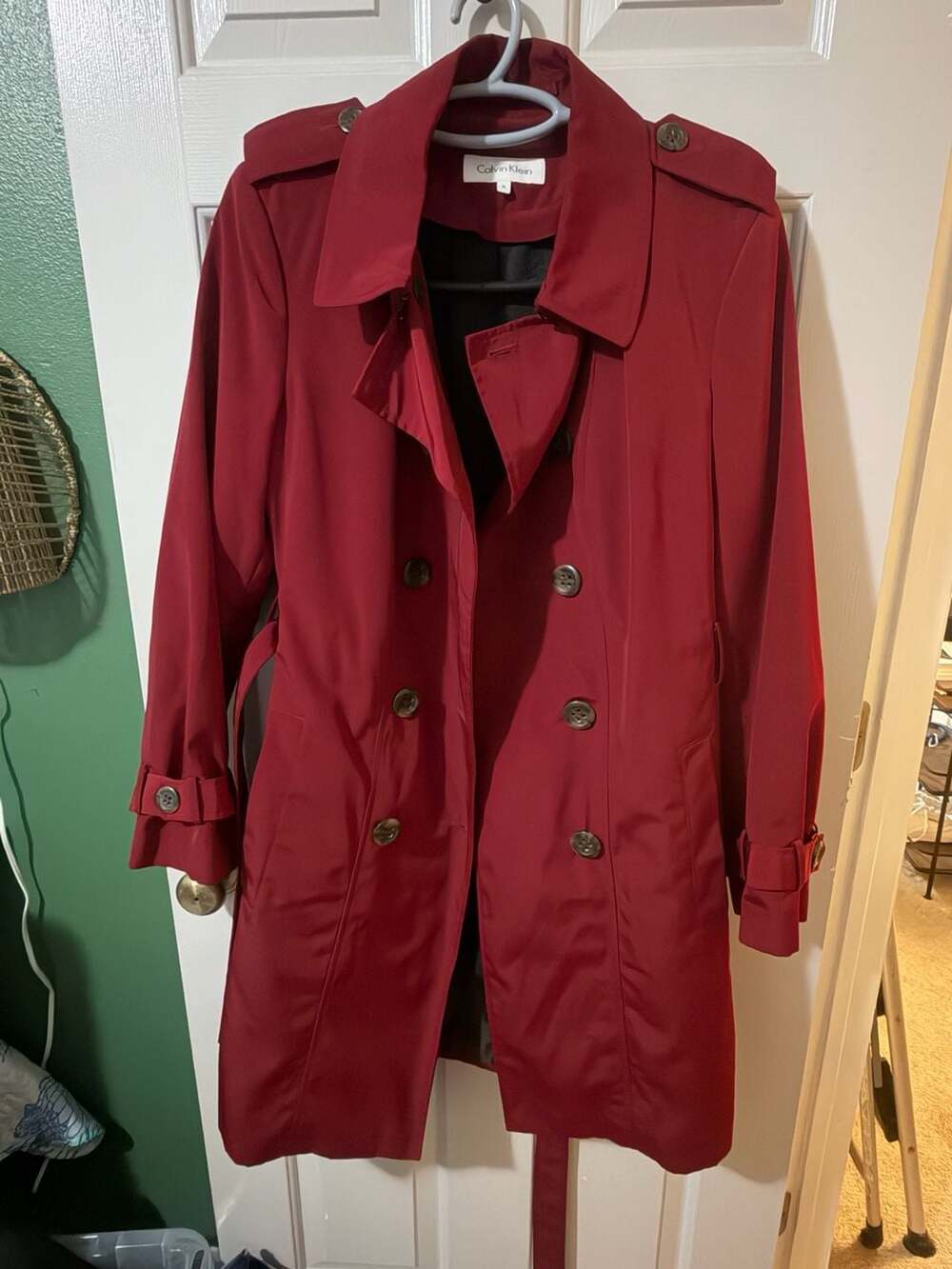 Calvin Klein Trench Coat Size XL Red Double Breasted Belted